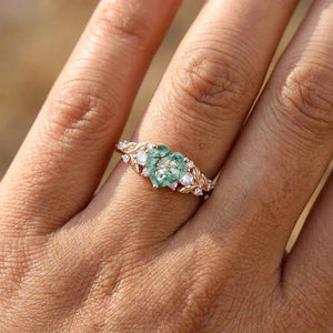 Vintage Leaf Cluster Heart Cut Green Moss Agate Engagement Ring