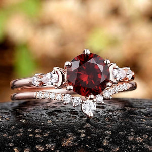 Vintage Cluster Round Red Garnet Bridal Ring Set