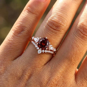 Vintage Cluster Round Red Garnet Bridal Ring Set