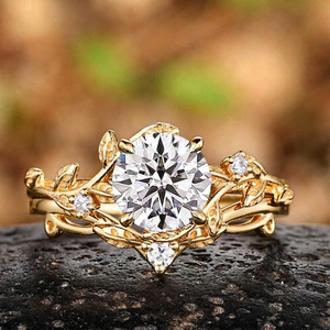 Leaf & Vine White Moissanite and Hammered Gold Tungsten Couple Ring Set with Gold Foil Inlay - Image 3