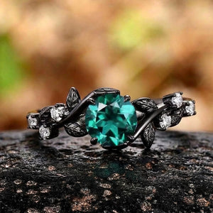 Gothic Black Gold Leaf Round Green Emerald Engagement Ring