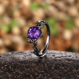 Gothic Black Gold Twisted Vine Round Amethyst Engagement Ring