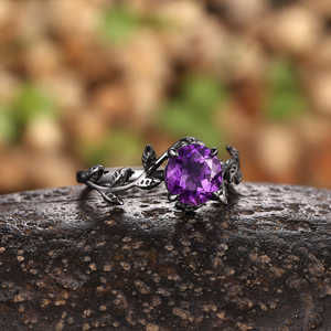 Gothic Black Gold Twisted Vine Round Amethyst Engagement Ring