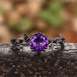 Gothic Black Gold Twisted Vine Round Amethyst Engagement Ring