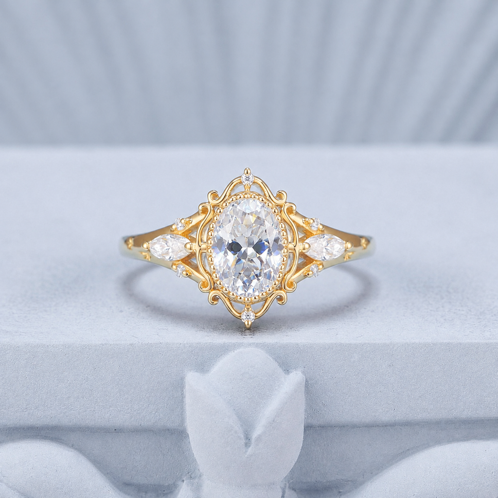 Her Ring - Vintage Milgrain Oval White Moissanite Engagement Ring