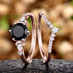 Vintage Pear Accent Round Black Onyx Bridal Ring Set