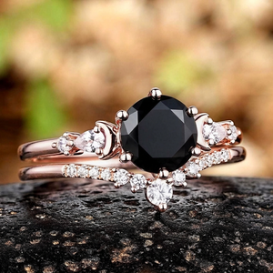 Vintage Pear Accent Round Black Onyx Bridal Ring Set