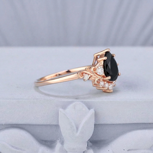 Vintage Floral Leaf Cluster Pear Black Onyx Engagement Ring