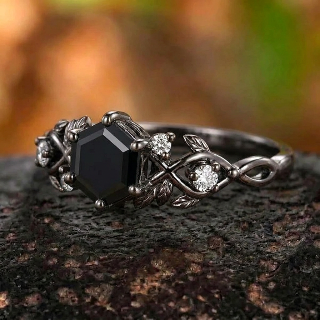 Vintage Milgrain Crown Hexagon Black Onyx Ring