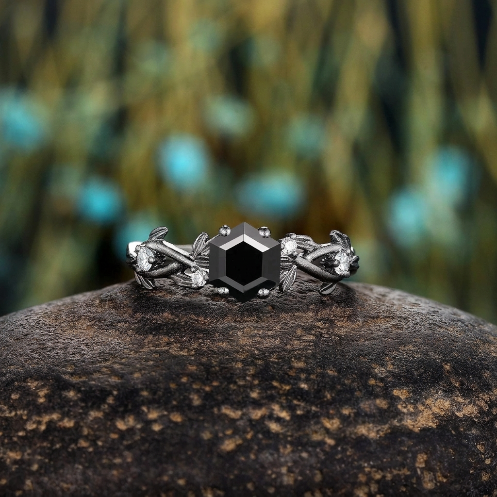 Black Onyx Couple Ring Set His and Her Vintage Art Deco Engagement Ring