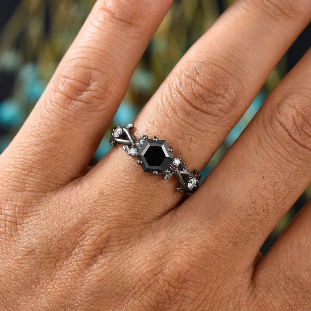 Bague de mariée brindille inspirée de la nature avec onyx noir taille hexagonale