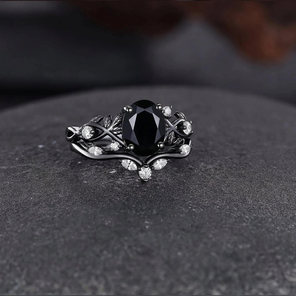 Bague de fiançailles en onyx noir à motif de branche feuillue inspiré de la nature