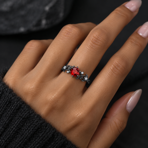 Gothic Black Gold Twisted Hexagon Red Garnet Engagement Ring
