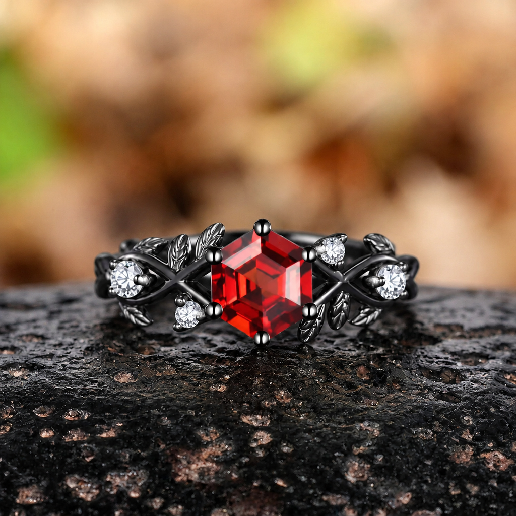 Pear Garnet and Tungsten Couple Ring Set