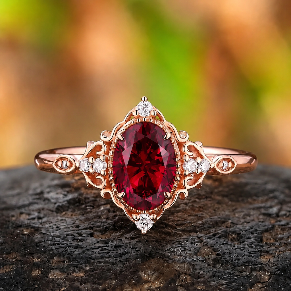 Vintage Milgrain Filigree Oval Red Garnet Engagement Ring