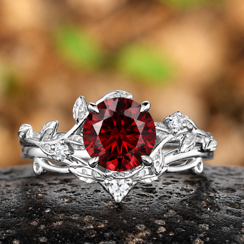 Vintage Leaf & Vine Round Red Garnet Bridal Ring Set