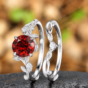 Vintage Leaf & Vine Round Red Garnet Bridal Ring Set