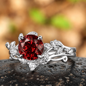 Vintage Leaf & Vine Round Red Garnet Bridal Ring Set