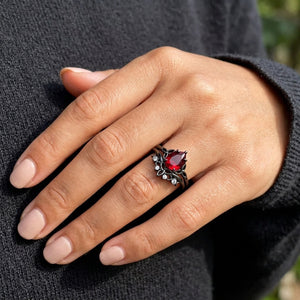Gothic Black Gold Vine Leaf Pear Red Garnet Ring Set