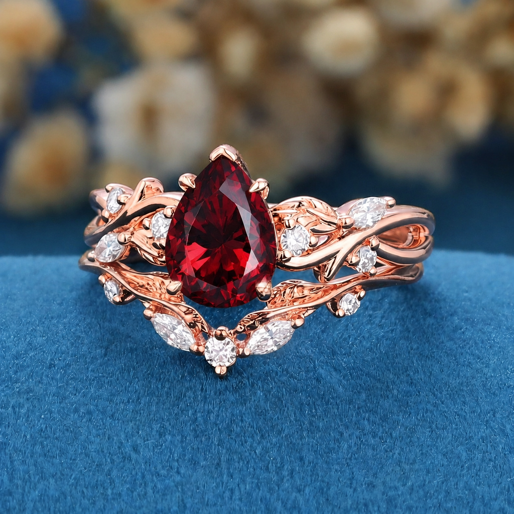 Vintage Rose Gold Vine Leaf Pear Red Garnet Ring Set