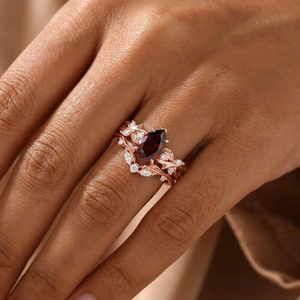 Vintage Rose Gold Vine Leaf Pear Red Garnet Ring Set