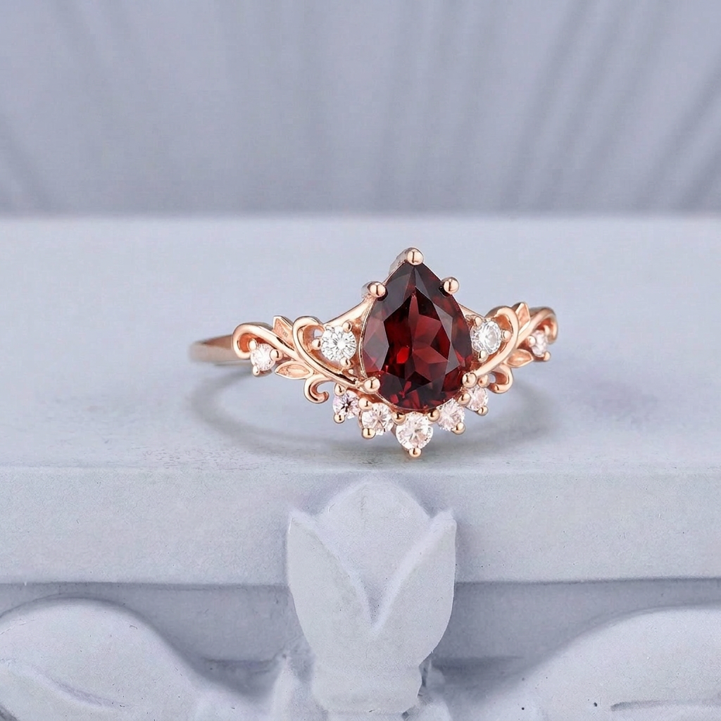 Vintage Floral Cluster Pear Ruby Bridal Ring Set