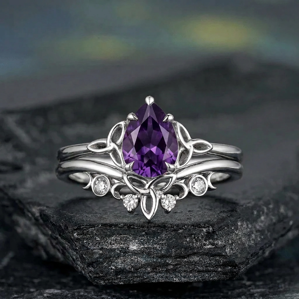 amethyst Pear Cut wedding ring black gold couple ring set promise rings his and her rings