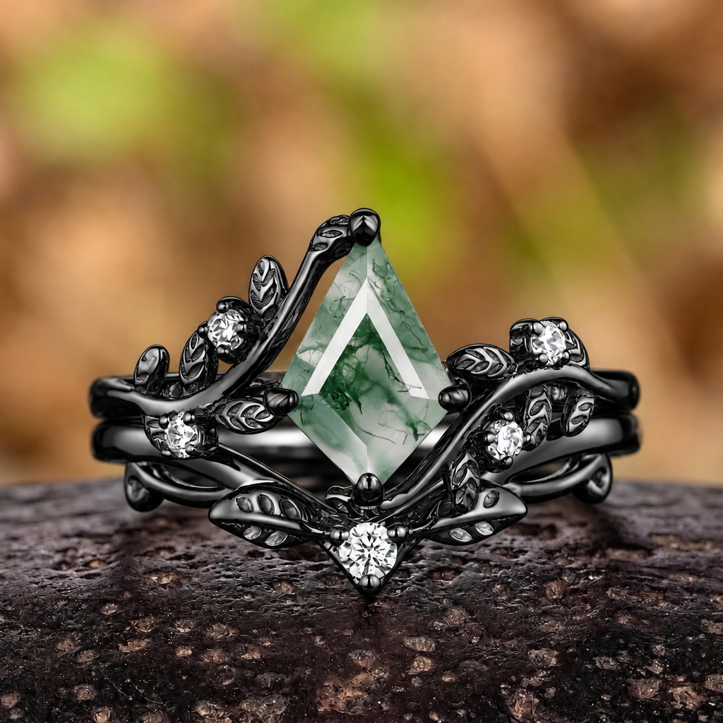 Princess Cut Unique Moss Agate Couple Rings Nature-Inspired His & Her Matching Wedding Band