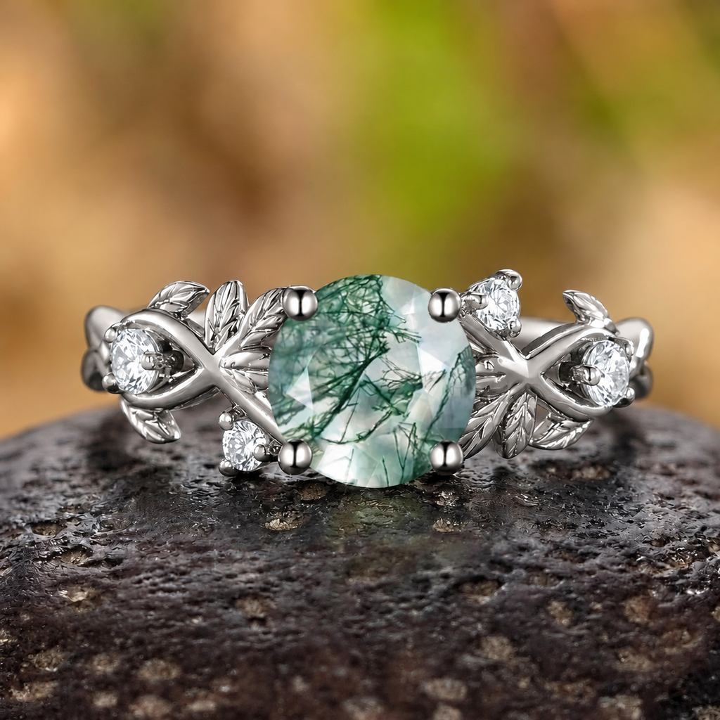 Round Cut Unique Moss Agate Couple Rings Nature-Inspired His and Her Matching Wedding Band