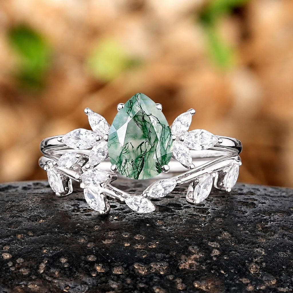 Art Deco Pear shaped Unique Moss Agate Couple Ring His and Her Matching Rings