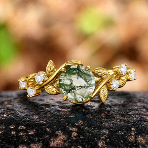 Gothic Black Gold Vine Leaf Round Moss Agate Engagement Ring