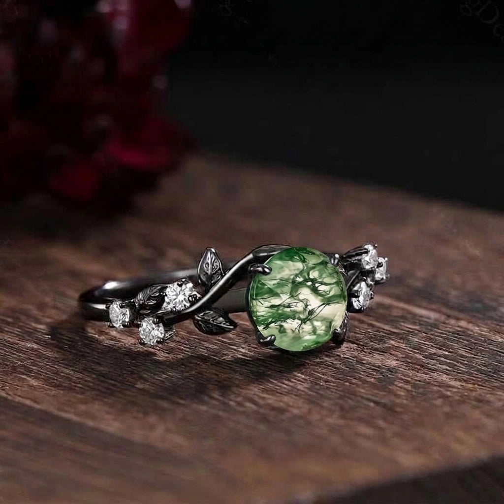 Gothic Black Gold Vine Leaf Round Moss Agate Engagement Ring