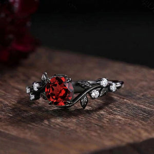 Gothic Black Gold Floral Vine Round Red Garnet Ring