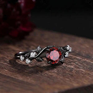 Gothic Black Gold Floral Vine Round Red Garnet Ring