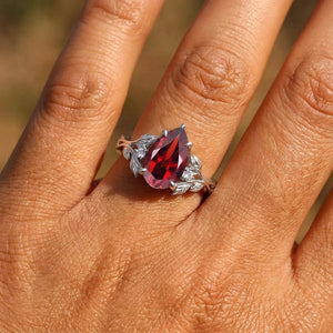 Her Ring - Nature Inspired Leaf Branch Pear Red Garnet Engagement Ring