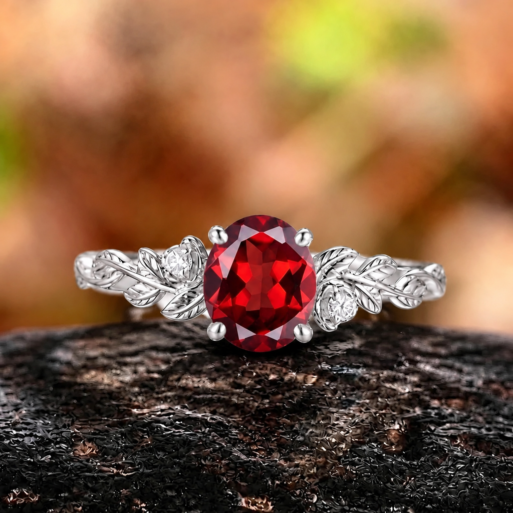 Her Ring - Vintage Leaf Branch Round Red Garnet Engagement Ring