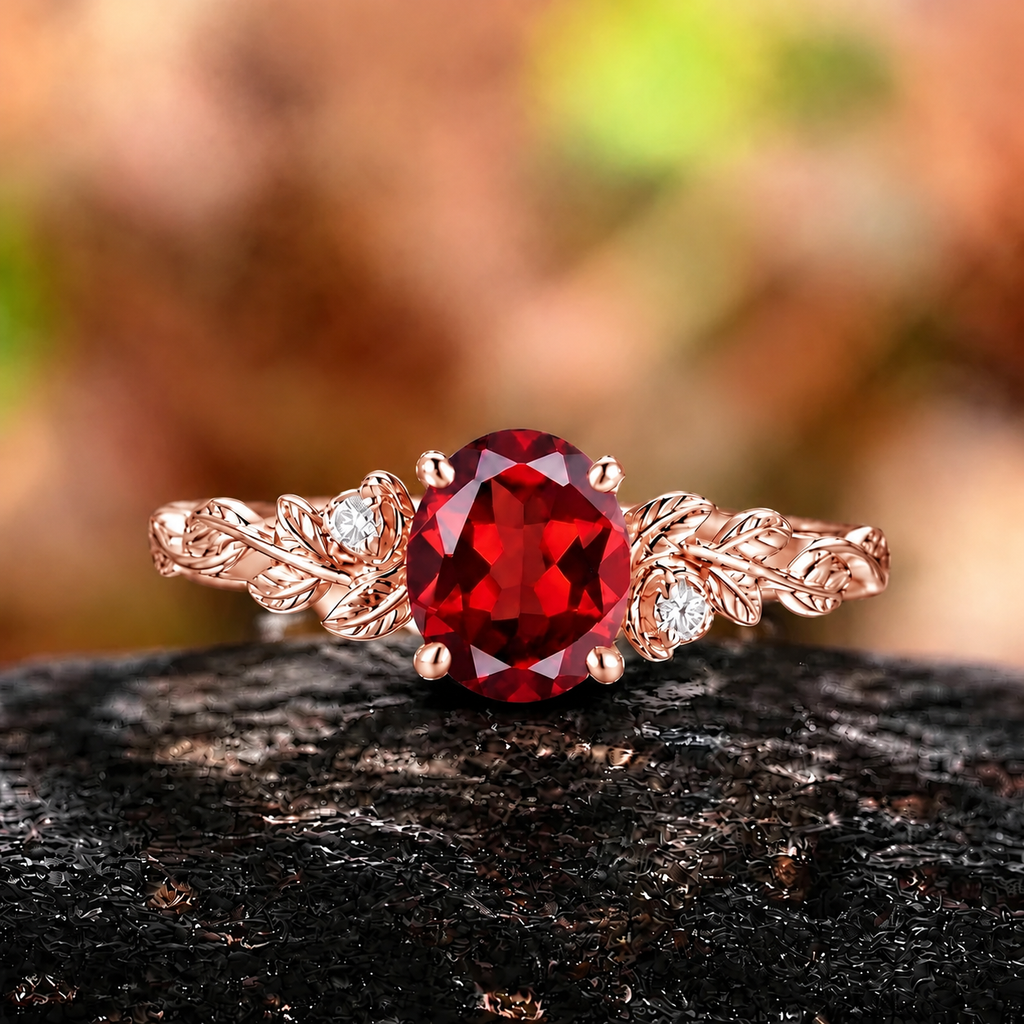 Vintage Leaf Branch Round Red Garnet Engagement Ring