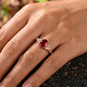 Her Ring - Vintage Leaf Branch Round Red Garnet Engagement Ring