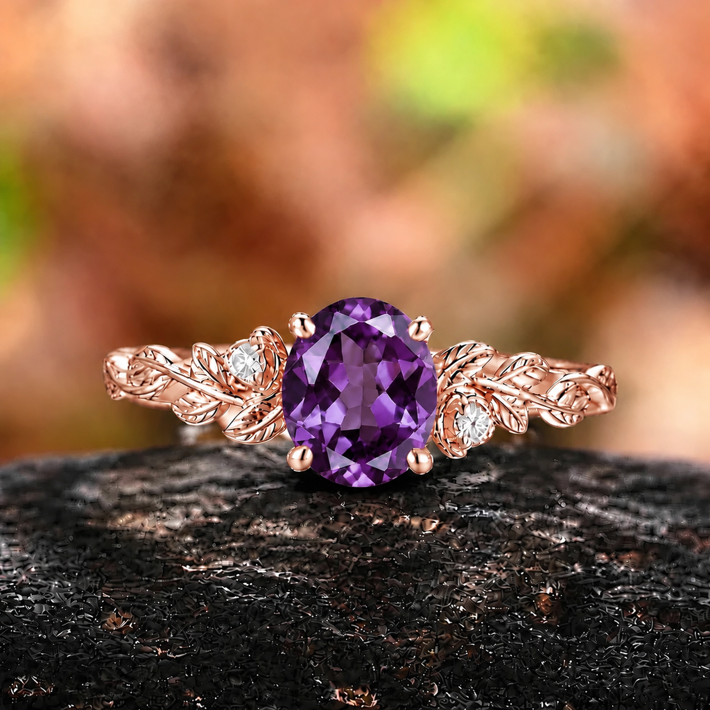 Her Ring - Vintage Leaf Branch Round Amethyst Engagement Ring