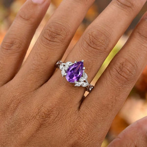 Nature Inspired Leaf Branch Pear Amethyst Engagement Ring