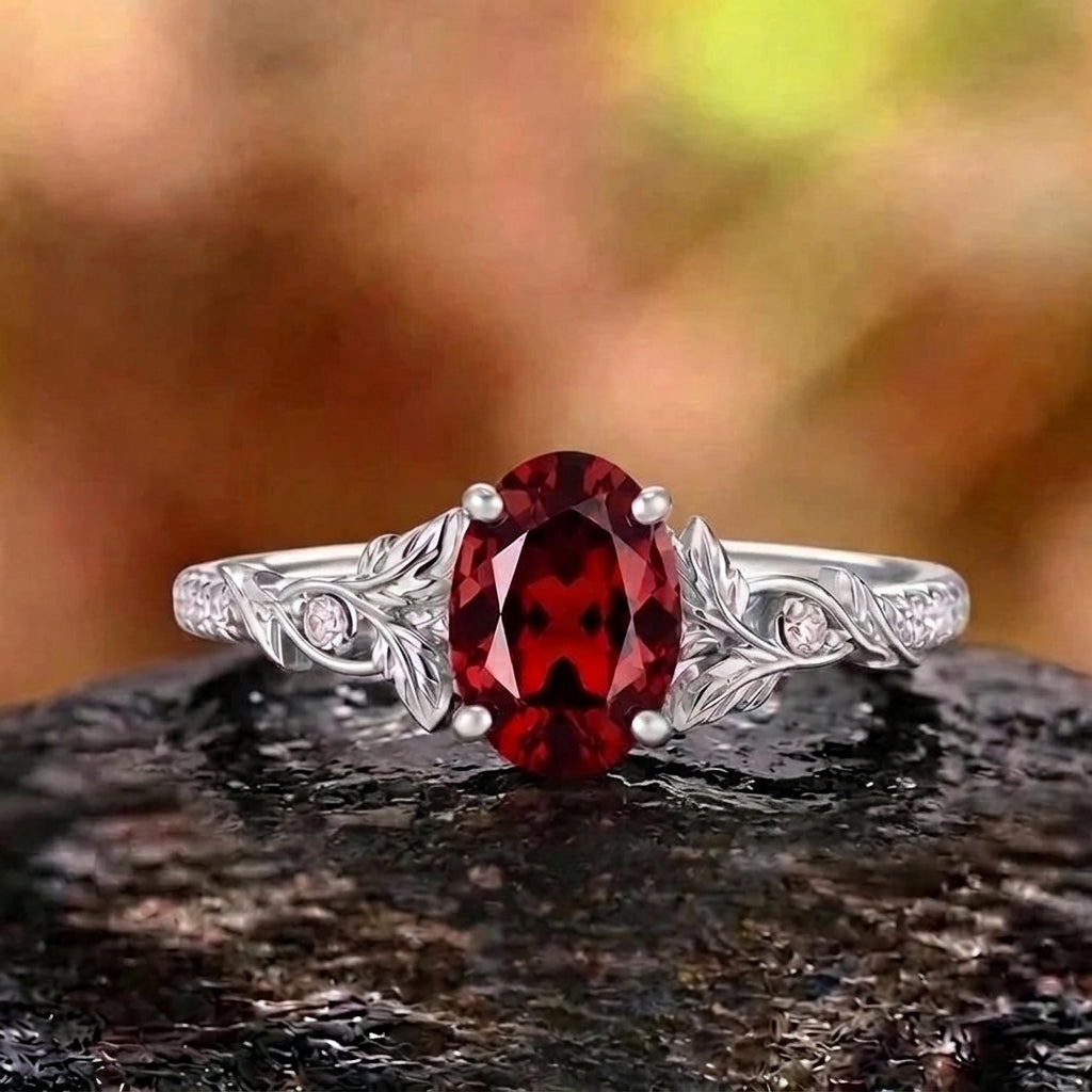 Her Ring - Botanical Leaf Shoulder Oval Red Garnet Engagement Ring