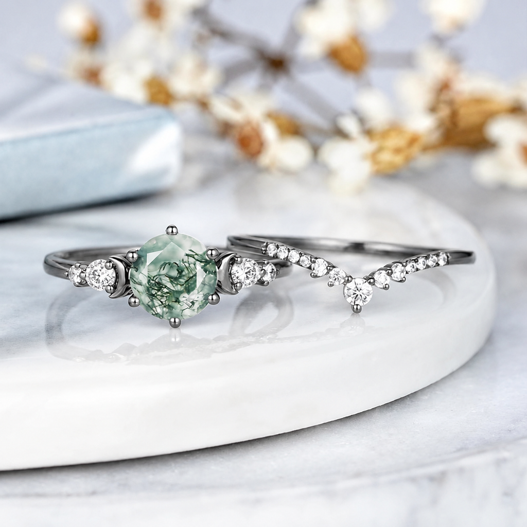 Dainty Black Gold Sailor Moon Moss Agate Ring Set