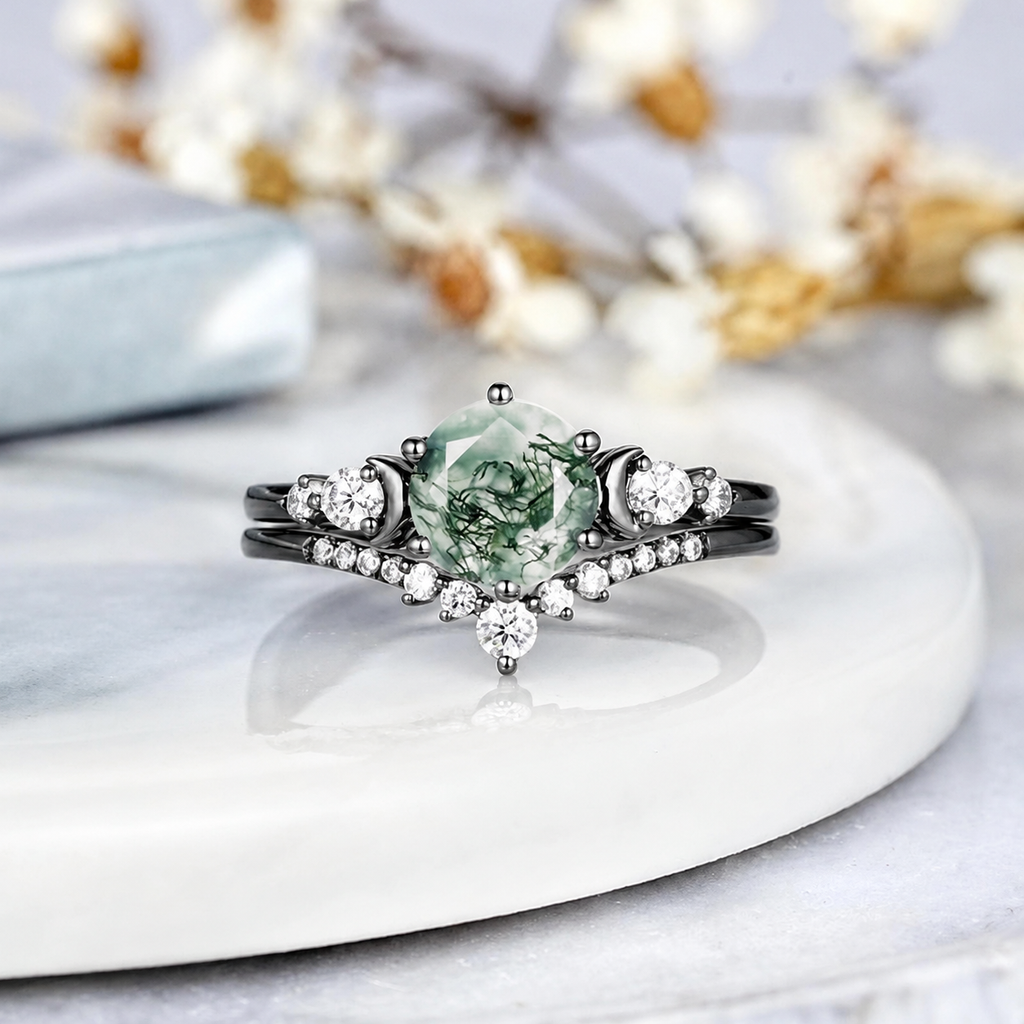 Dainty Round Cut Unique Moss Agate Couple Rings Nature-Inspired His & Her Matching Wedding Band