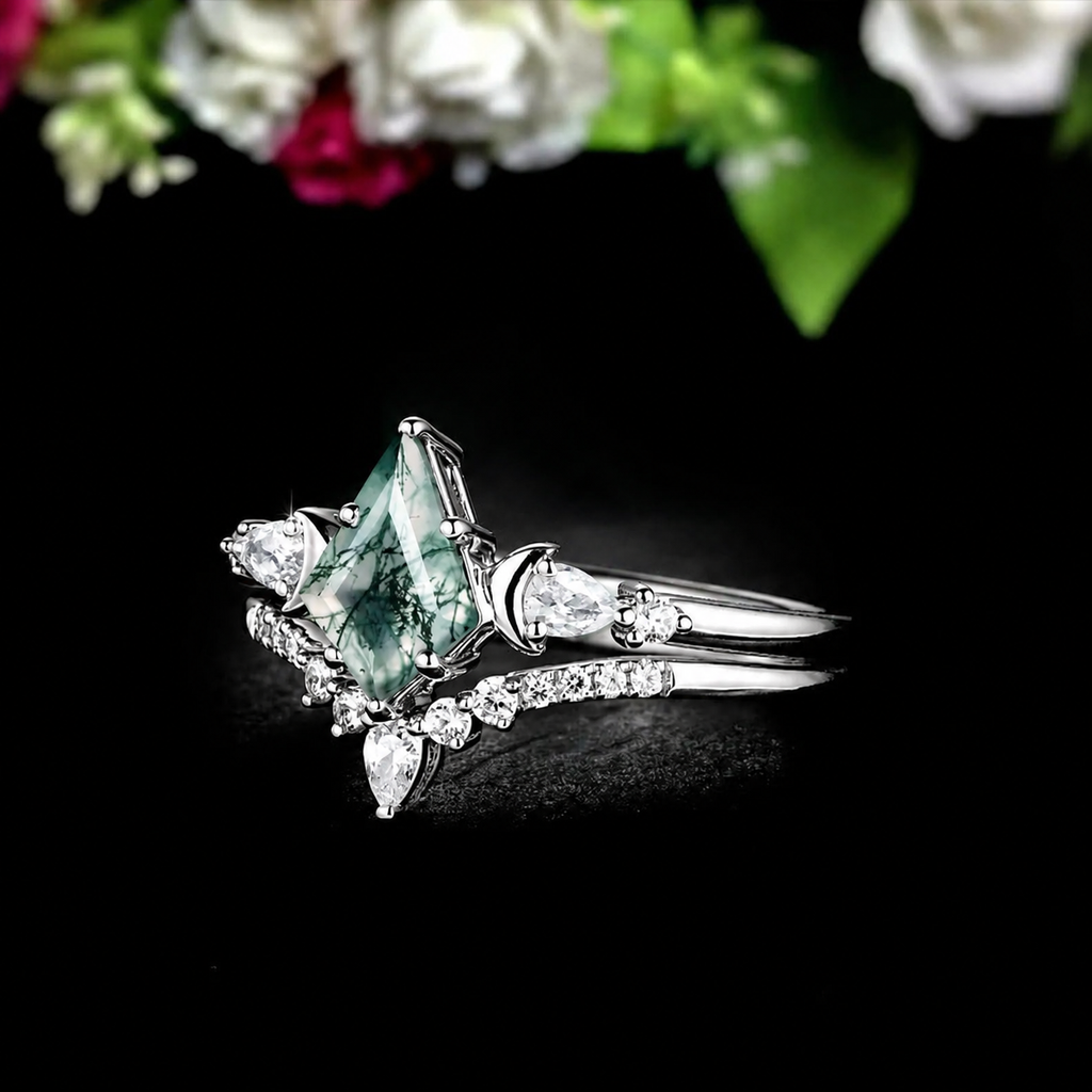 Sterling Silver Crescent Moon Moss Agate Ring Set