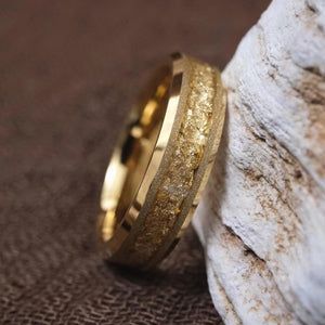 His Ring - Hammered Gold Tungsten Ring with Textured Gold Foil Inlay