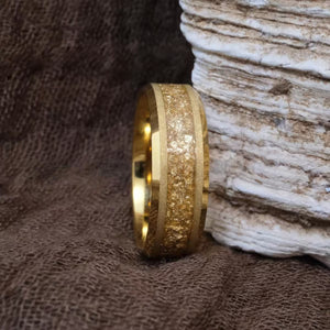 His Ring - Hammered Gold Tungsten Ring with Textured Gold Foil Inlay