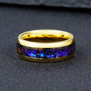 Polished Gold Tungsten Ring with Galaxy Opal Inlay
