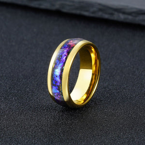 Polished Gold Tungsten Ring with Galaxy Opal Inlay