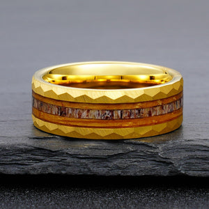 Hammered Gold Tungsten Ring with Wood and Antler Inlay
