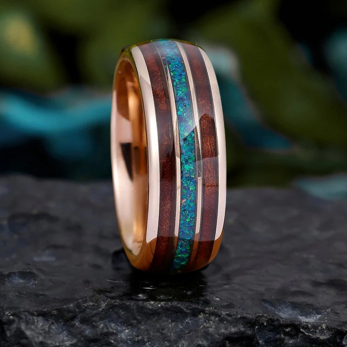 Peacock Blue Opal Wood Tungsten Wedding Band Glossy Substantial Men' s Unisex Ring